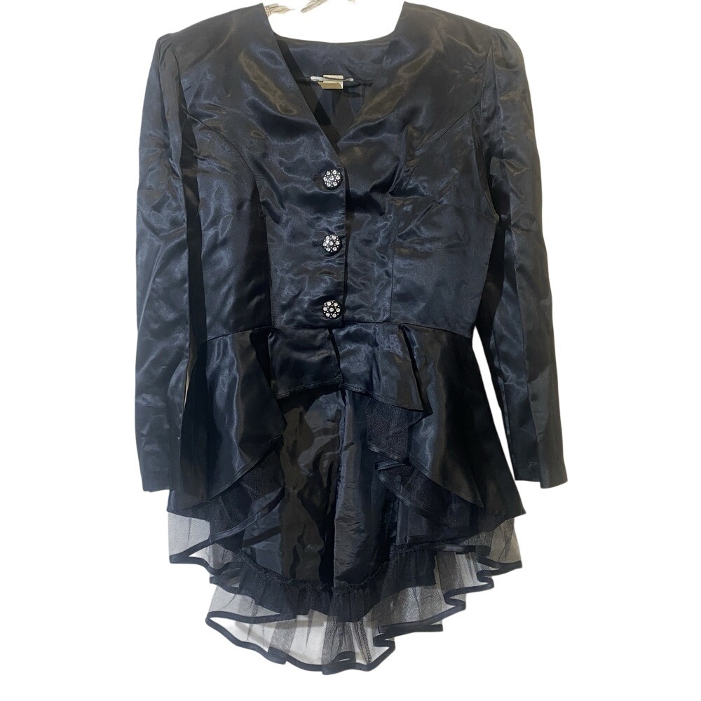 80s VTG Black Peplum Victorian Steampunk 2 Piece Set Tulle Hem Glam Goth